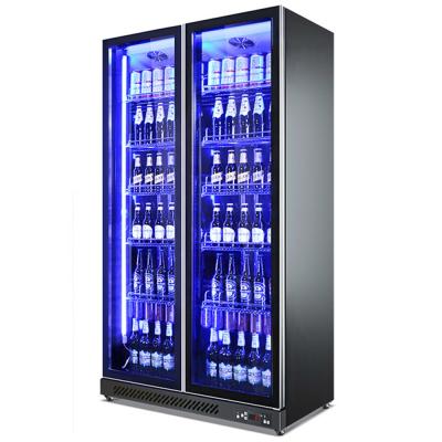 China Supermarket Double Door Beverage Display Refrigerator Single-Temperature Upright Commercial Fridge Soft Drink Cooler Fan-cooling Glass for sale