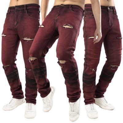 China Color Fade Proof Red Distressed Bike Pants Mens Jeans Stretch Jeans Street Style Mens Slim Casual OEM Service for sale