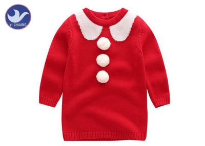 China Jaquard Collar Girls Knitted Dress , Girls Red Jumper Dress With Fluffy Ball Decoration for sale