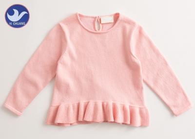 China Frill Welt Girls Pink Sweater , Girls Crew Neck Sweater Back Neck Button Closure for sale