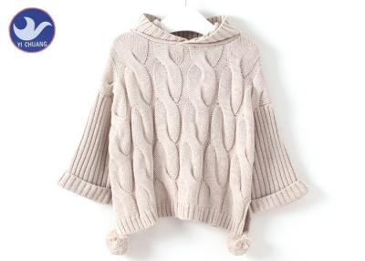 China Pompom Ball Ribbed Girls Cable Sweater , Girls Hooded Jumper Winter Clothes for sale