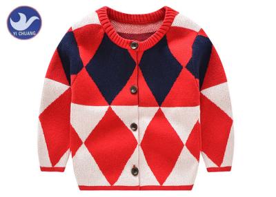 China Diamond Jacquard Boys Cardigan Sweater Round Neck Contrast Color Kid Knitwear for sale