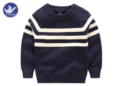 China Stripes Reglan Sleeves Boys Knit Pullover Sweater , Boys Cable Knit Jumper Navy Blue for sale