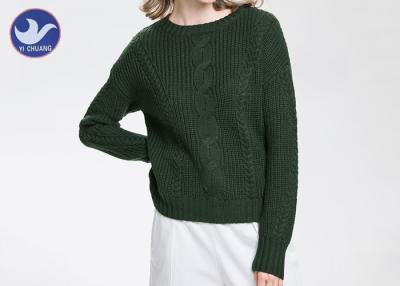 China Drop Shoulder Ladies Wool Jumpers Cable Knitting Forest  Green Color For Winter for sale