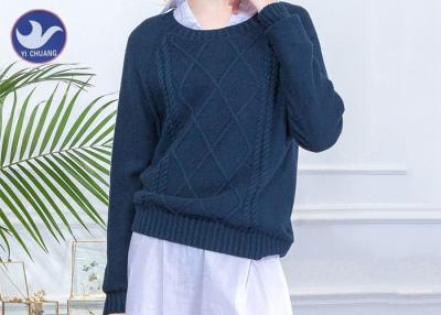 China Cable Knitting Navy Wool Jumper Womens , Round Neck Wool Jumpers Reglan Sleeves for sale