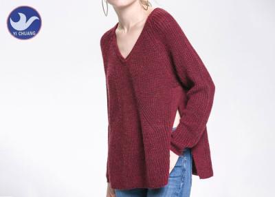 China Big Side Slit Ladies Chunky Wool Jumpers , Women's V Neck Wool Sweater Red Color for sale