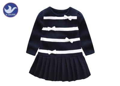 China Crew Neck Girls Knitted Dress Long Sleeves Pleated Stripes Butterfly Knot Girls for sale