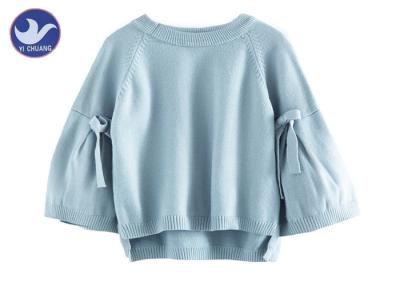 China Big Sleeves Loose Knit Girls Pullover Sweaters Butterfly Knot Light Blue Color for sale