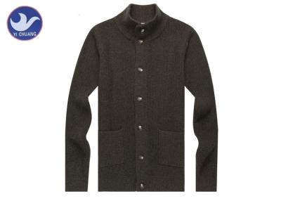 China Stand Collar Mens Dark Brown Cardigan Sweater , Mens Cotton Cardigans With Pockets for sale