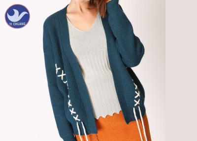 China Loose Effect Winter Knit Cardigan Sweaters For Women , Hit Color Cross Embroidery for sale