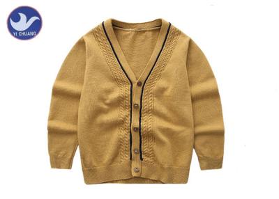 China Small Cables Along Neck Brown Boys Cardigan Sweaters V Neck Long Sleeves Stripe for sale