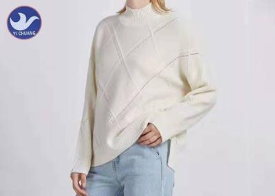 China Turtleneck Ladies Wool Sweater Diamond Pointelle Drop Shoulder Side Slit Winter Jumper for sale