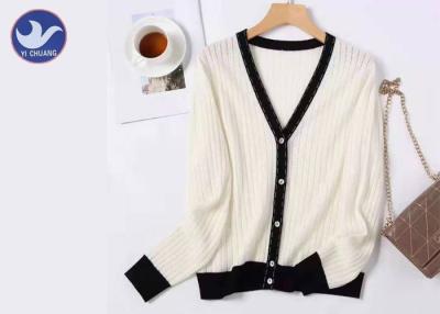 China V Neck Ladies 100% Wool Sweater Contrast Color Rib Knitting Winter Elegant Cardigan for sale