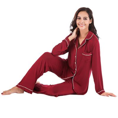 China Amazon Hot Sale Viscose Spring Autumn Long Sleeves Buttons 2 Piece Womens Sleepwear Set Pajamas Homewear Femm for sale