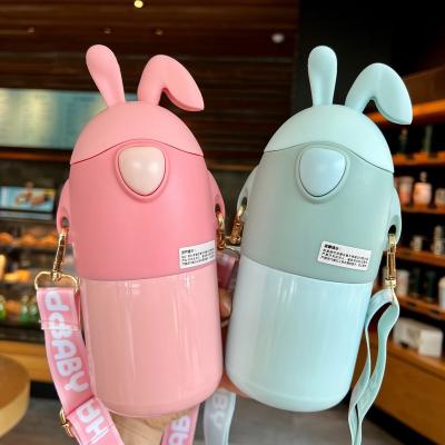 China Cute Rabbit 450ml Logo Fashion Vacuum Viable Cup Custom Thermos Water Bottle With Straw Stainless Steel Tumblers Portable Cup For Kids for sale