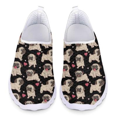 China Fashion Trend Cartoon Pug Print On Demand Women's Mesh Shoes Summer Light Comfortable Slip-On Sports Shoes Outdoor Casual Flat Shoes Wholesale for sale