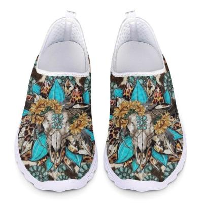 China Fashion Trend Wholesale Hot Farm Animal Cow Pattern Print Casual Shoes for Ladies Lightweight Comfortable Slip On Mesh Sneakers Drop Shipping for sale