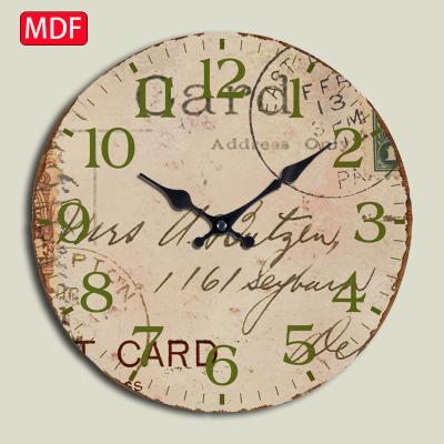 China Cheap Promotional Custom Printing Antique Style 12Inch 30cm Vintage MDF Wooden Wall Clock for sale