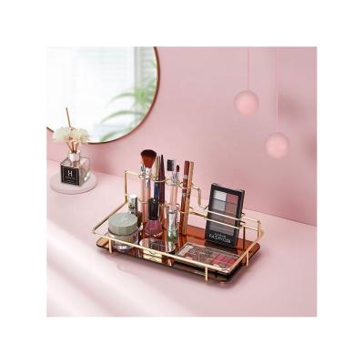 China Viable metal and glass gold cosmetic metal home bedroom shelf simple storage organizer makeup rack for sale