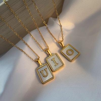 China Fashionable Environmental Friendly Letter A-Z Initial Necklace Female Shell Letter Pendant Necklace Rectangular White 18K Gold Stainless Steel for sale