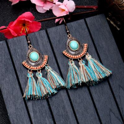 China Exaggerated Silk Braided Turquoise Tassel Earrings Boho Thread Earrings Environmentally Friendly New for sale