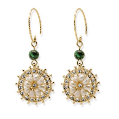 China 2020 Fashion Trendy Wholesale New Design Round Wheel Pave Crystal Green Bead Women Girls Jewelry Gold Pearl Dangle Earrings for sale