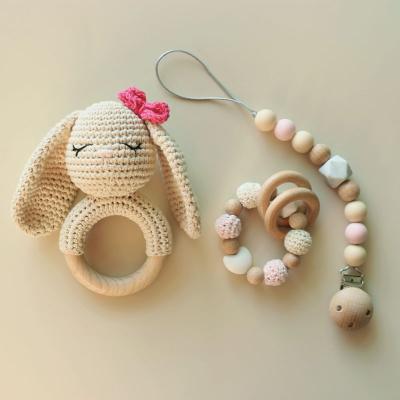 China Soft Toy Hot Sale 3Pcs Silicone Bead Wooden Bunny Teether For Baby Gift Set for sale