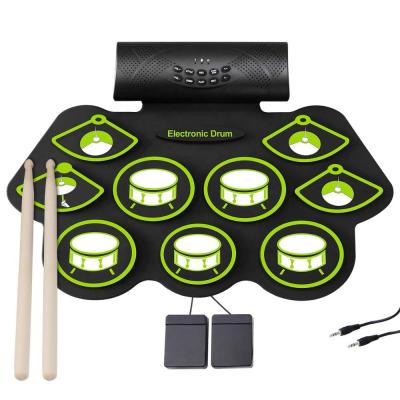 China With built-in speaker also support external earphone or speaker electronic USB MIDI drum roll up drum set musical instruments OEM/ODM green color silicone drum pad for sale