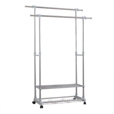 China Easy Assemble Diy Stainless Steel Clothes Drying Racks Stand Up Movable Coat Hanging Shelf With Wheels for sale