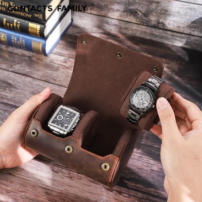 China Luxury Vintage 2 Slots Portable Watch Display Storage Organizer Vegan Real Leather Travel Watch Roll Case with Independent Sliding Pillow in for sale