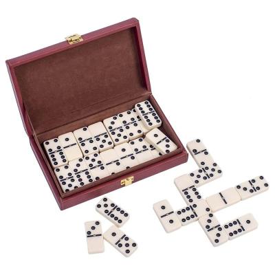 China MDF Deluxe Double-6 Dominoes, Classic Original Board Game Set of 28 Dominoes in Deluxe Striped PU Leather Case for sale