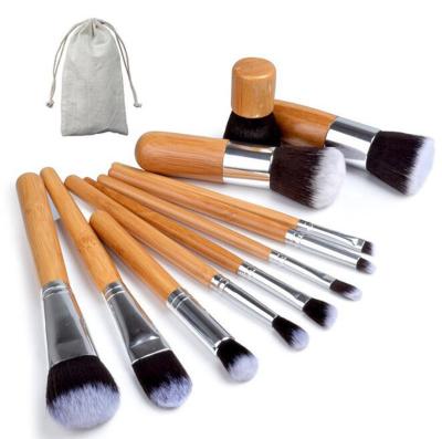 China Angular Blush 11pcs Professional Premium Private Label Makeup Brush Jute Synthetic Bamboo Makeup Brush Bag for sale