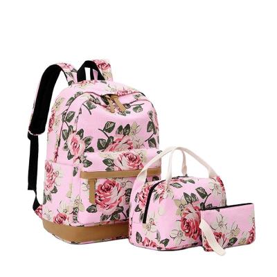 China With USB Printing Flowers School Bag Set 3 In 1 Travel Bag Leisure Rose Tote Hiking Picnic Canvas Bag Clutch For Girls With USB for sale