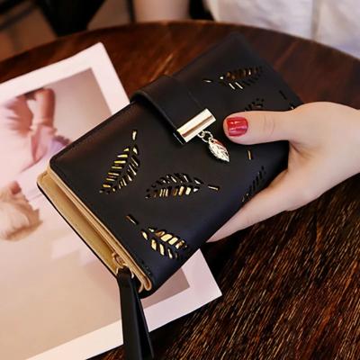 China No Female Wallet PU Leather Purse Wallet Gold Cavity Long Leaves Pocket Purse For Women Coin Purse Card Holders Grabs for sale