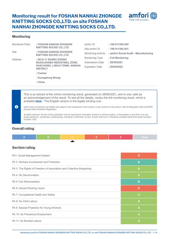 BSCI - Foshan Nanhai Zhongde Knitting Socks Co., Ltd.