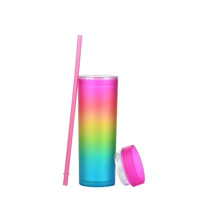 China New Design Gradient Color Water Disposable Straight Wall Double Cup Plastic Tumbler With Straw for sale