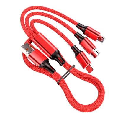 China Fast Charging Speed ​​3 in 1 Data Line Multi-Functional USB Data Metal Shell Cloth Woven Car Vehicle 2.4A Charging Line 1.2m Cable for sale