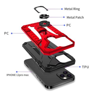 China Fashion shockproof metal armor fold magnetic ring bracked tpu frosted pc 2 in 1 cell phone case wholesale for iphone 13 pro max for sale