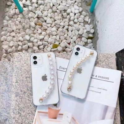 China Shockproof Clear tpu Thin Hole Camera With Pearl Strap Soft Full Protection Phone Cover For iPhone 12 pro max For HUAWEI p30 for sale