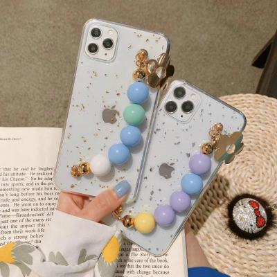 China Fashion Light Gold Foil Glitter With Pearl Strap 360 Degree Full Cover Protection Drops Stick Transparent Cell Phone Case for sale