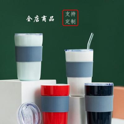 China WITH LID Ceramic Coffee Mug With Lid And Silicone Sleeve With Straw Tea Cup Heat Resistant Anti Silding Reusable Mug Customize for sale