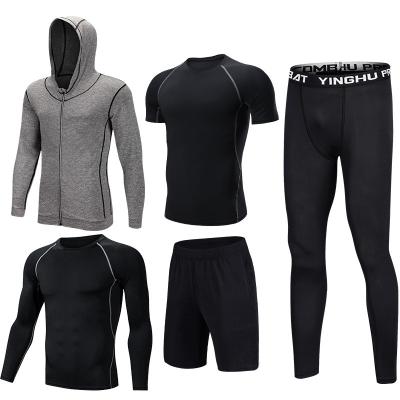 China Men's 5Pcs Compression Pants Breathable Shirt Long Sleeve Top Jacket Set Suit Fitness Set for sale