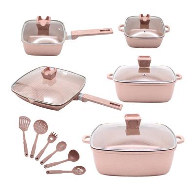 China Unique 16pcs Viable Marble Medical Stone Milk Nonstick Aluminum Pot Set Pot Cooking Pot Square Ceramics for sale