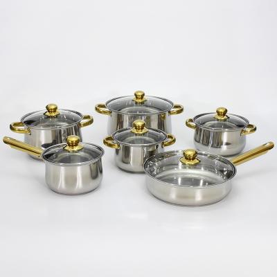 China Sustainable Kitchen Cooking Pot Set 12 Piece Stainless Steel Pot Set Gold Plated To Handle Double Bottom Induction Cooker Pot Set for sale