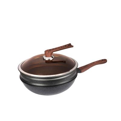 China Viable High Quality Nonstick Wok Wooden Handle Cooking Kitchen Utensils Medical Stone Nonstick Wok for sale