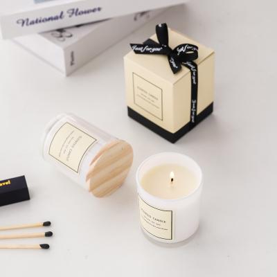 China New Fashionable White Glass Cup With Wooden Lid Luxury Natural Organic Essential Oil Soy Scented Romantic Candle for sale