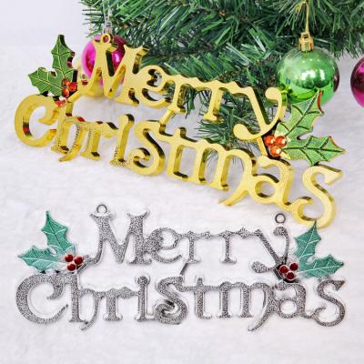 China Plastic Decorative Glitter Merry Christmas Hanging Signs, Gold Merry Christmas Tree Garland Decorations Accessories Hanging Ornament for sale