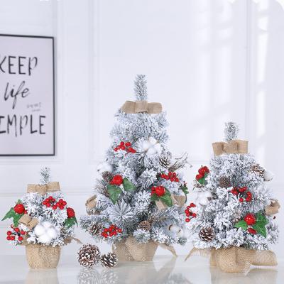 China Christamas Decoration Mini Snow Flocked Prelit Tabletop Christmas Tree with Burlap Bow, Apple, Cotton Ball, Berries, Pine Cones, Rattan for Decorations for sale