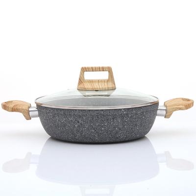 China Sustainable Granite Liner Forged Aluminum Shallow Pot Wood Handle Shallow Casserole Cookware for sale