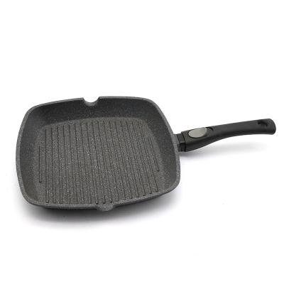 China Viable Hot Kitchenware Aluminum Die Casting Grill Pan Marble Steak Pan With Detachable Handle for sale